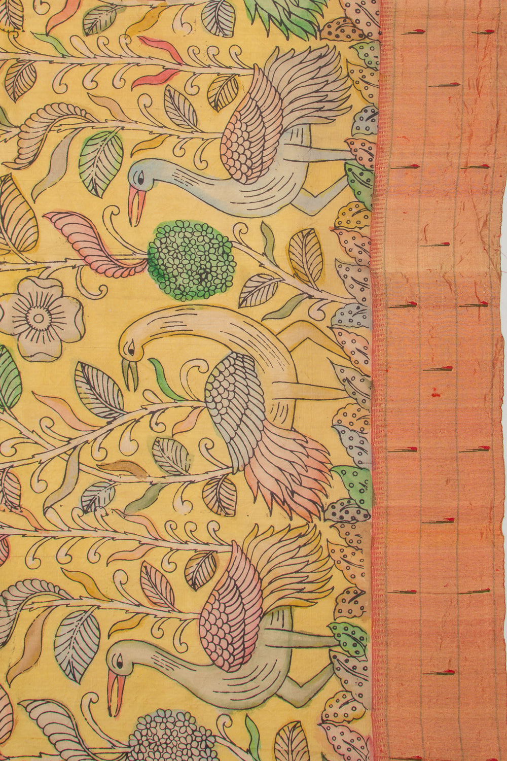 Paithani Silk Kalamkari Yellow Saree With Triple Muniya Border