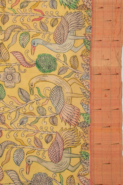 Paithani Silk Kalamkari Yellow Saree With Triple Muniya Border