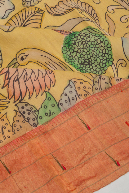Paithani Silk Kalamkari Yellow Saree With Triple Muniya Border