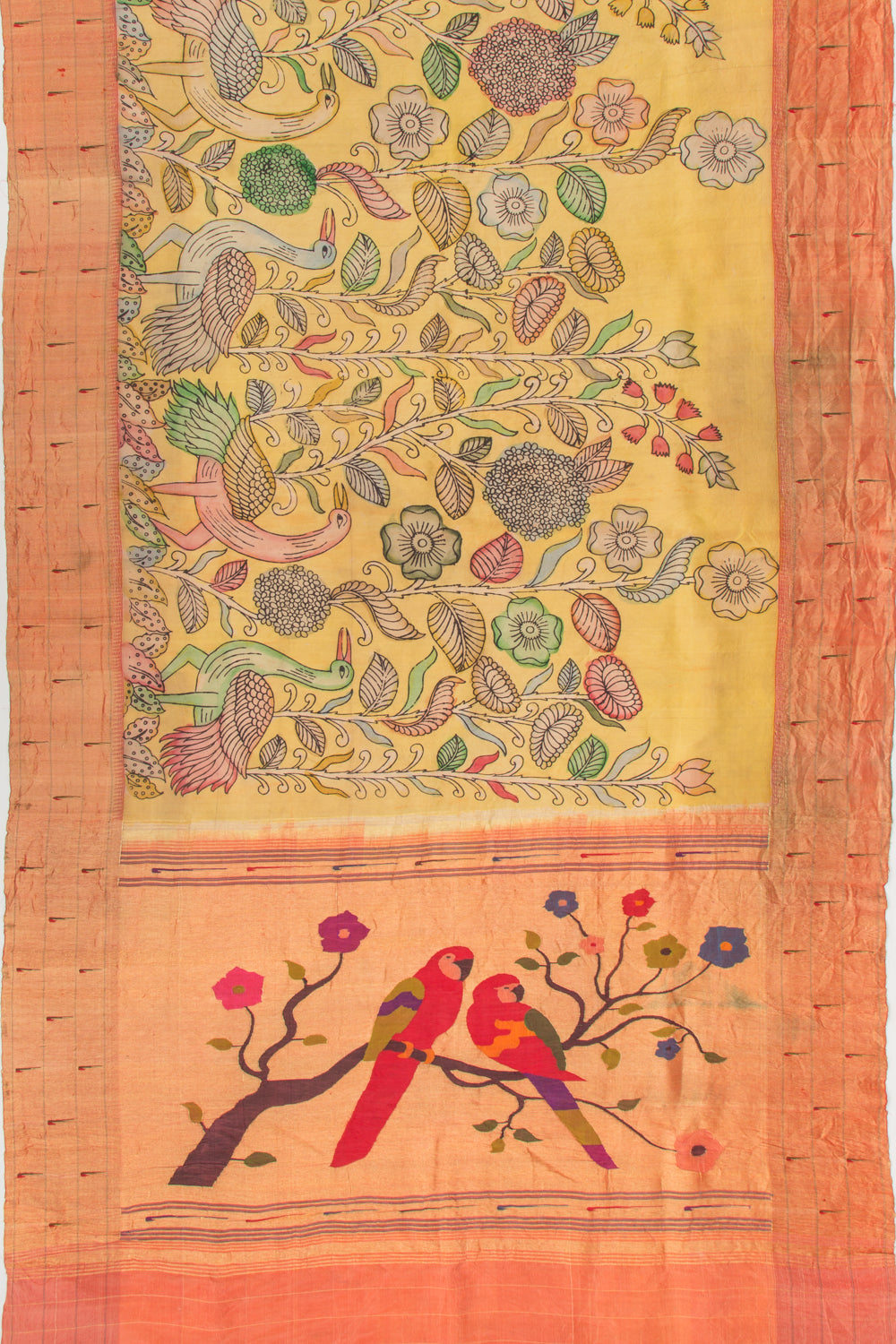 Paithani Silk Kalamkari Yellow Saree With Triple Muniya Border