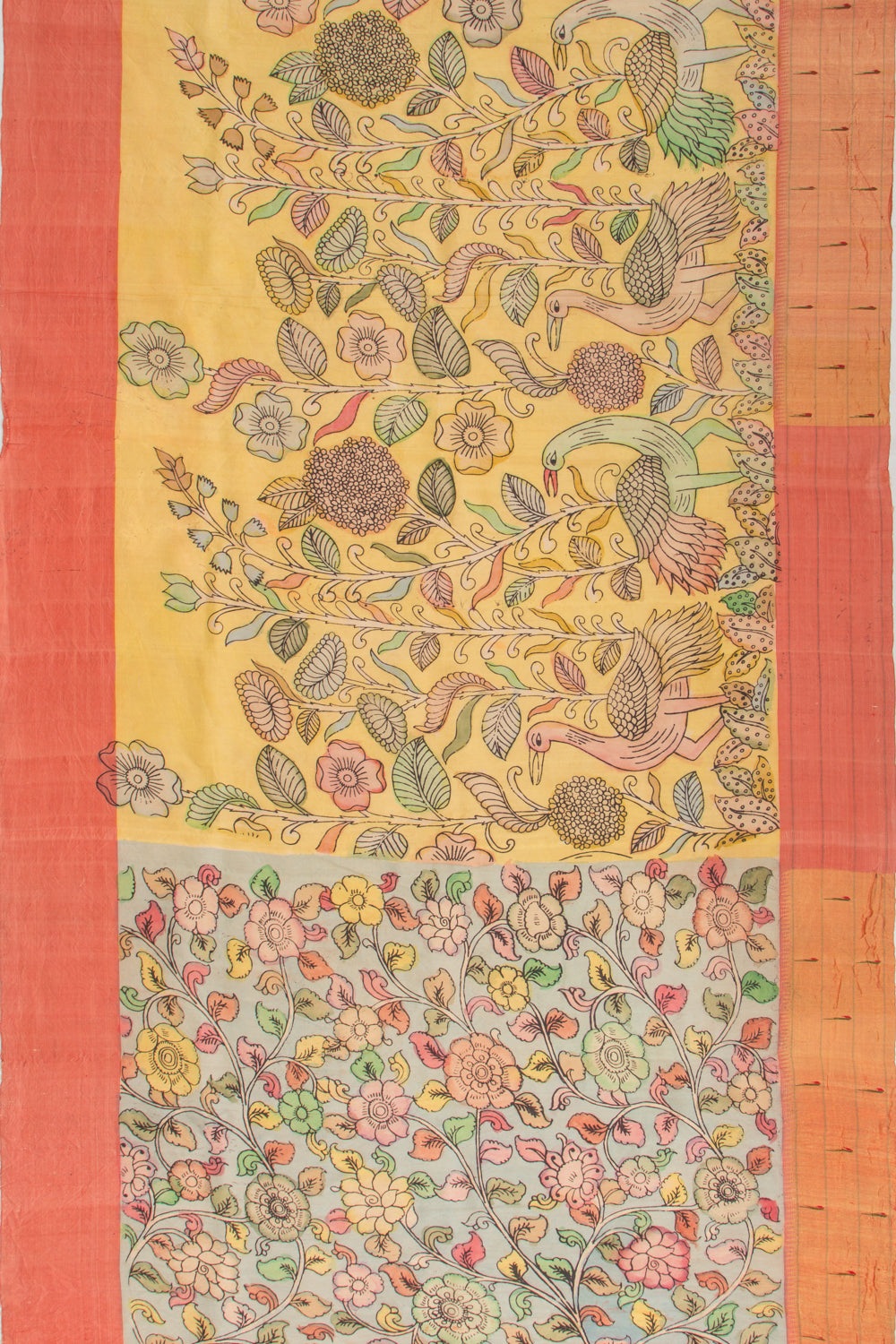 Paithani Silk Kalamkari Yellow Saree With Triple Muniya Border