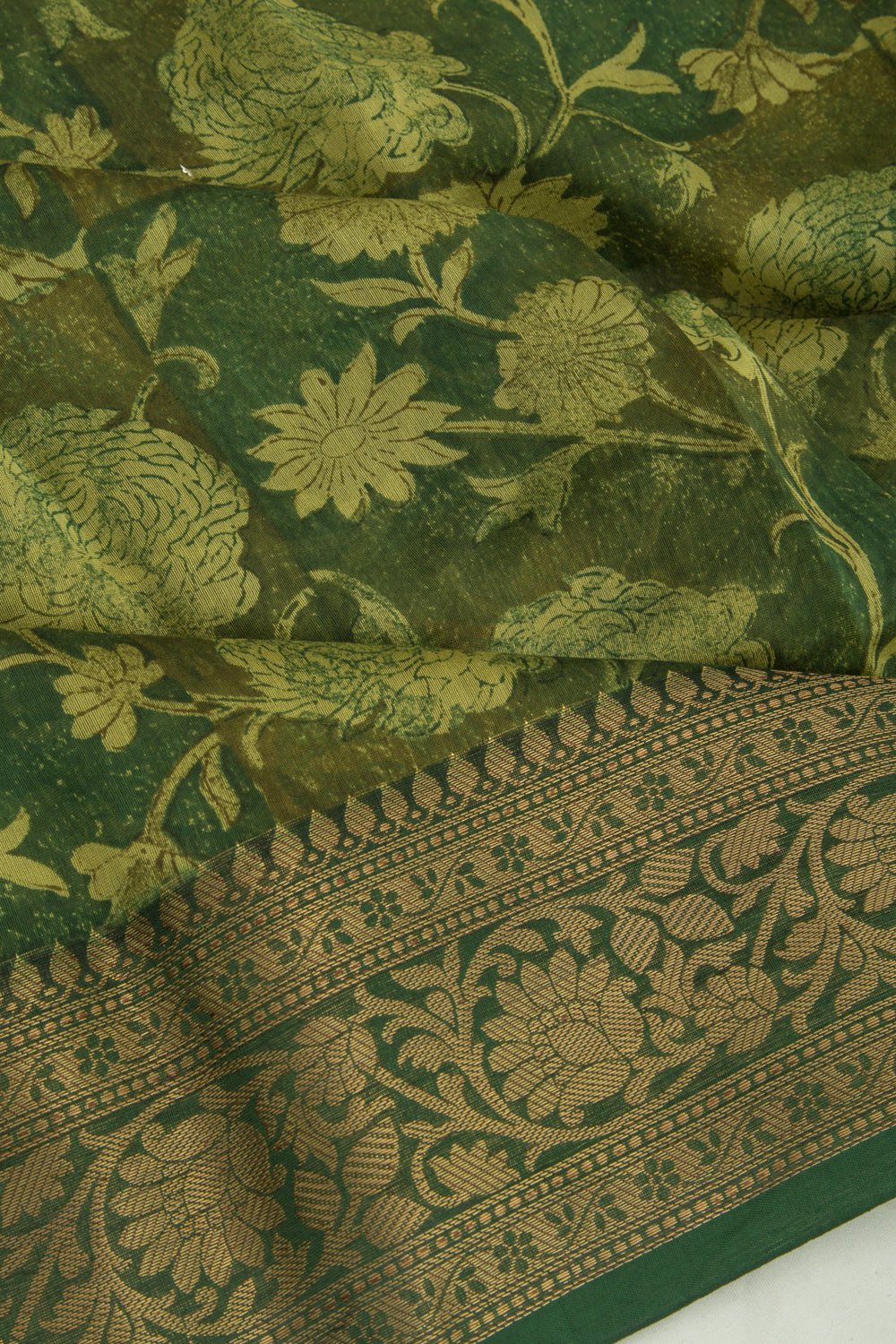 Chanderi Cotton Floral Printed Green Saree