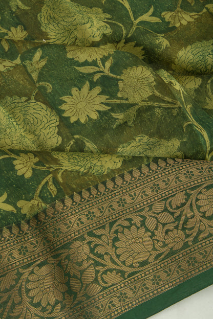 Chanderi Cotton Floral Printed Green Saree