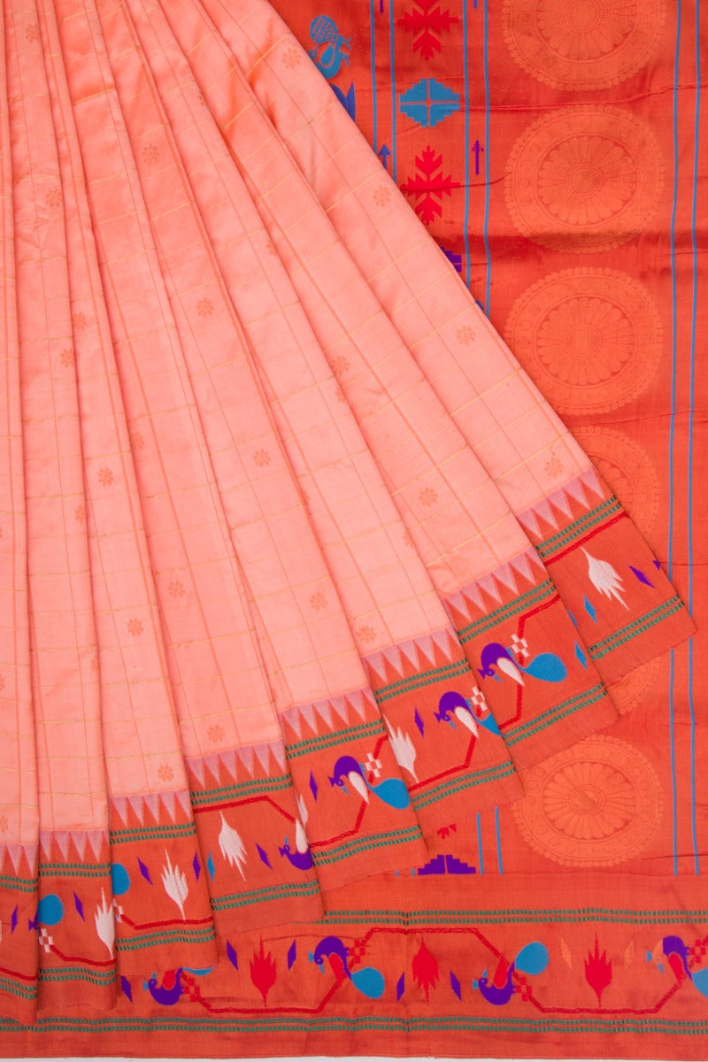 Paithani Silk Checks And Butta Peach Saree