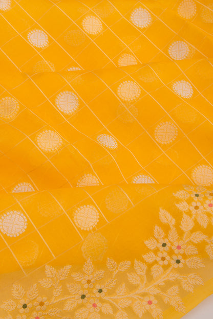 Banarasi Kora Organza Vertical Lines And Butta Yellow Saree