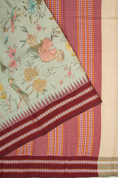 Tussar Floral Printed Pastel Green Saree