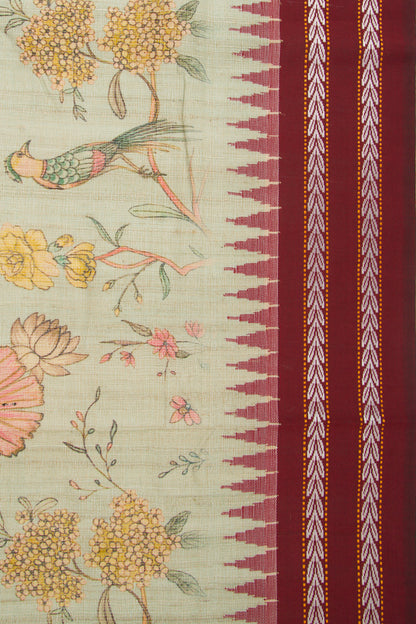 Tussar Floral Printed Pastel Green Saree