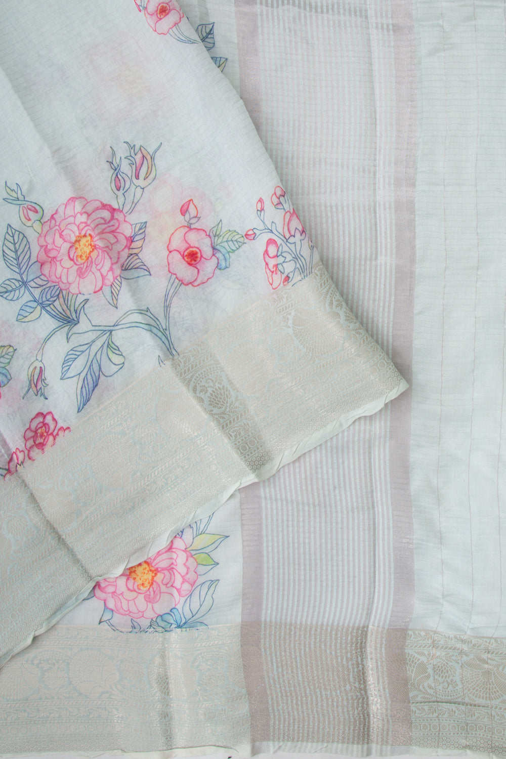 Chanderi Cotton Lines and Printed Pastel Blue Saree