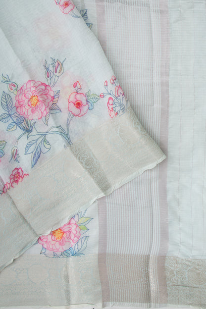 Chanderi Cotton Lines and Printed Pastel Blue Saree