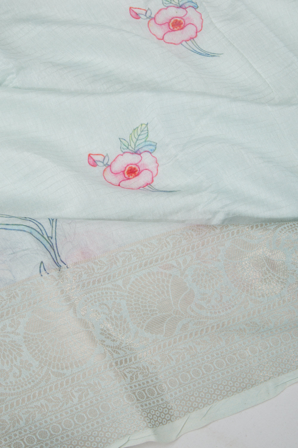 Chanderi Cotton Lines and Printed Pastel Blue Saree