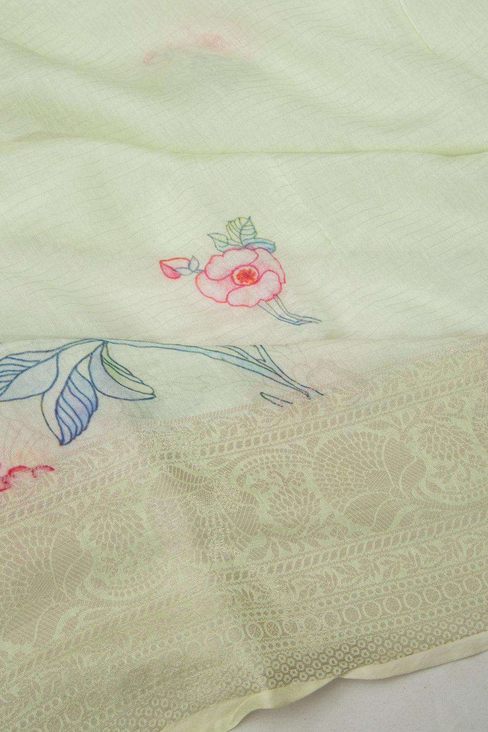 Chanderi Cotton Lines and Printed Pastel Green Saree