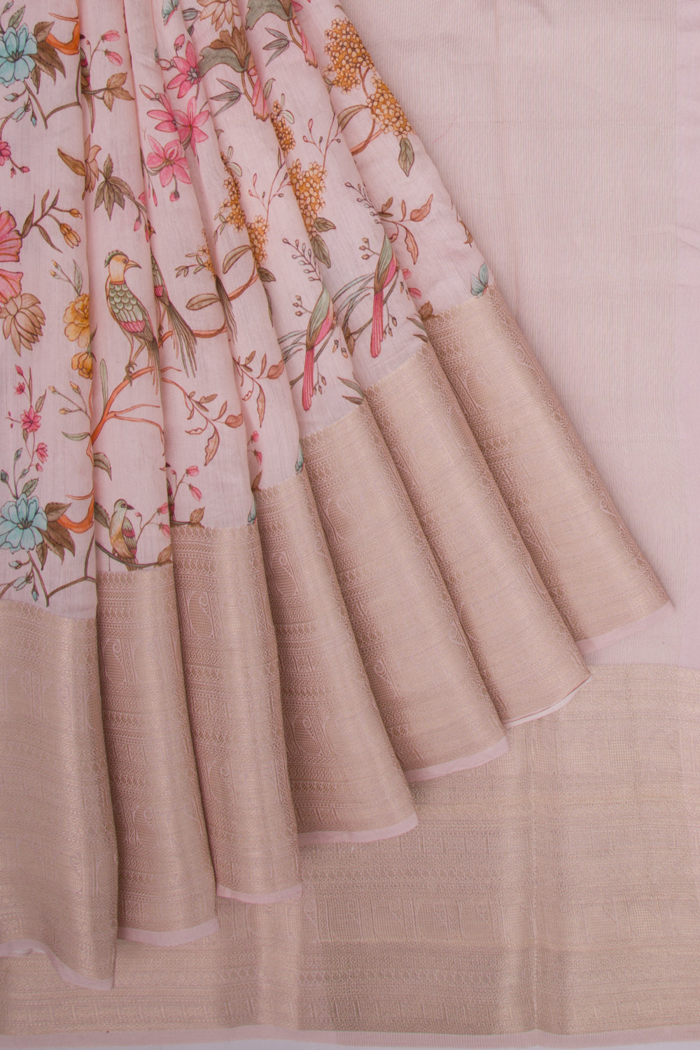 Munga Tussar Printed Baby Pink Saree