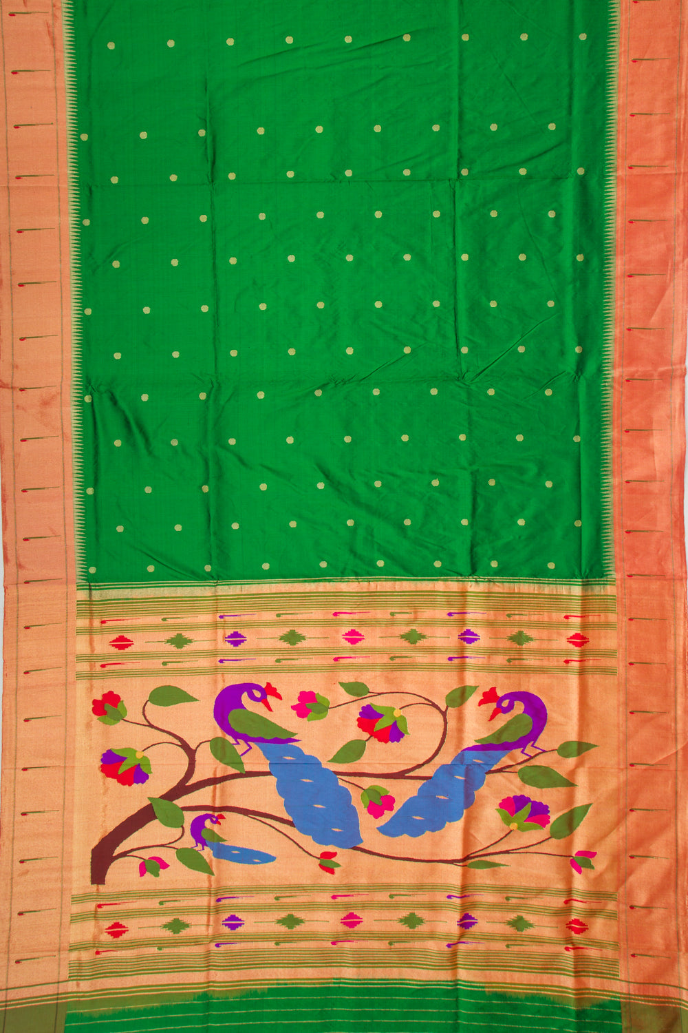 Paithani Silk Butta Green Saree With Muniya Border