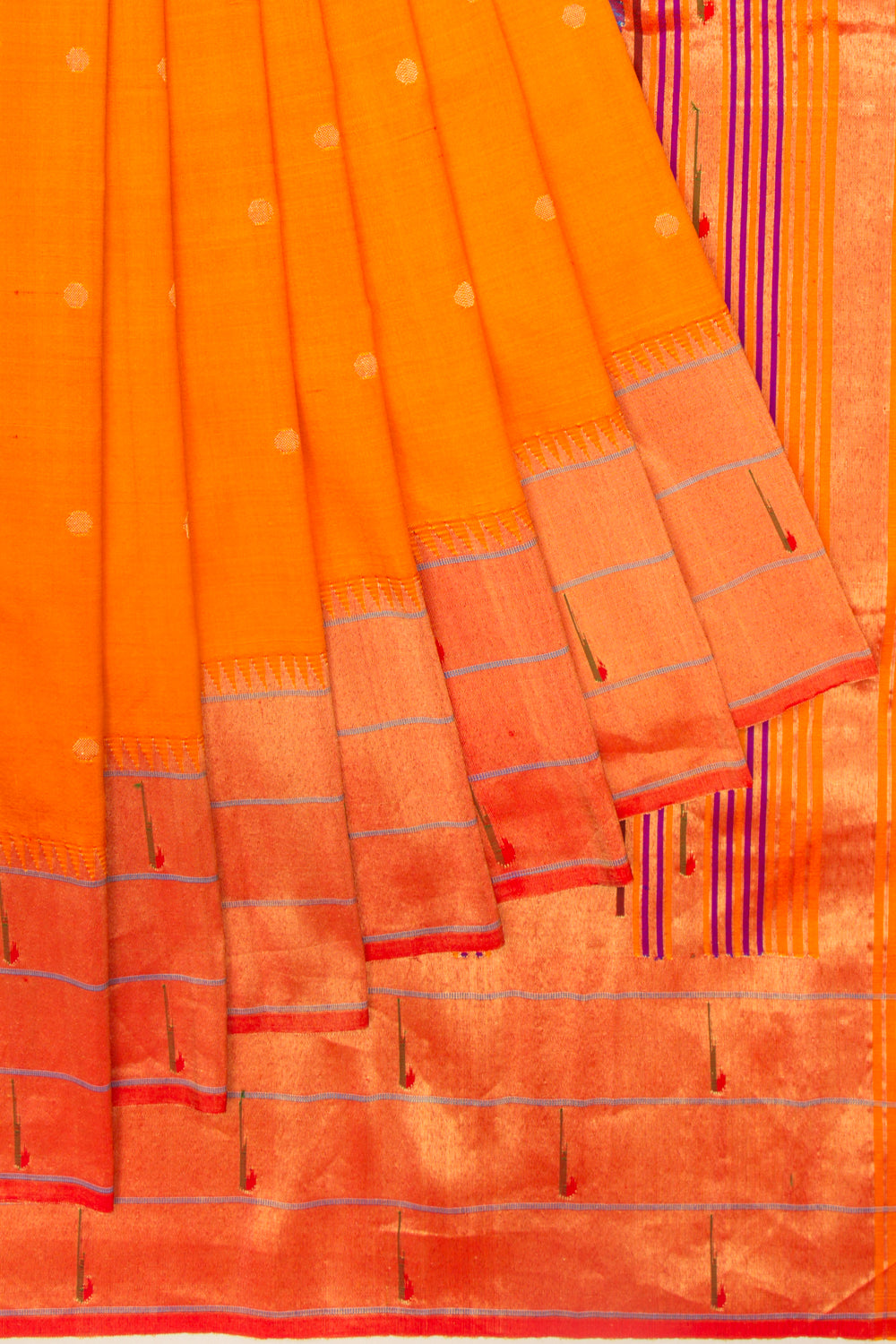 Paithani Silk Butta Orange Saree With Triple Muniya Border
