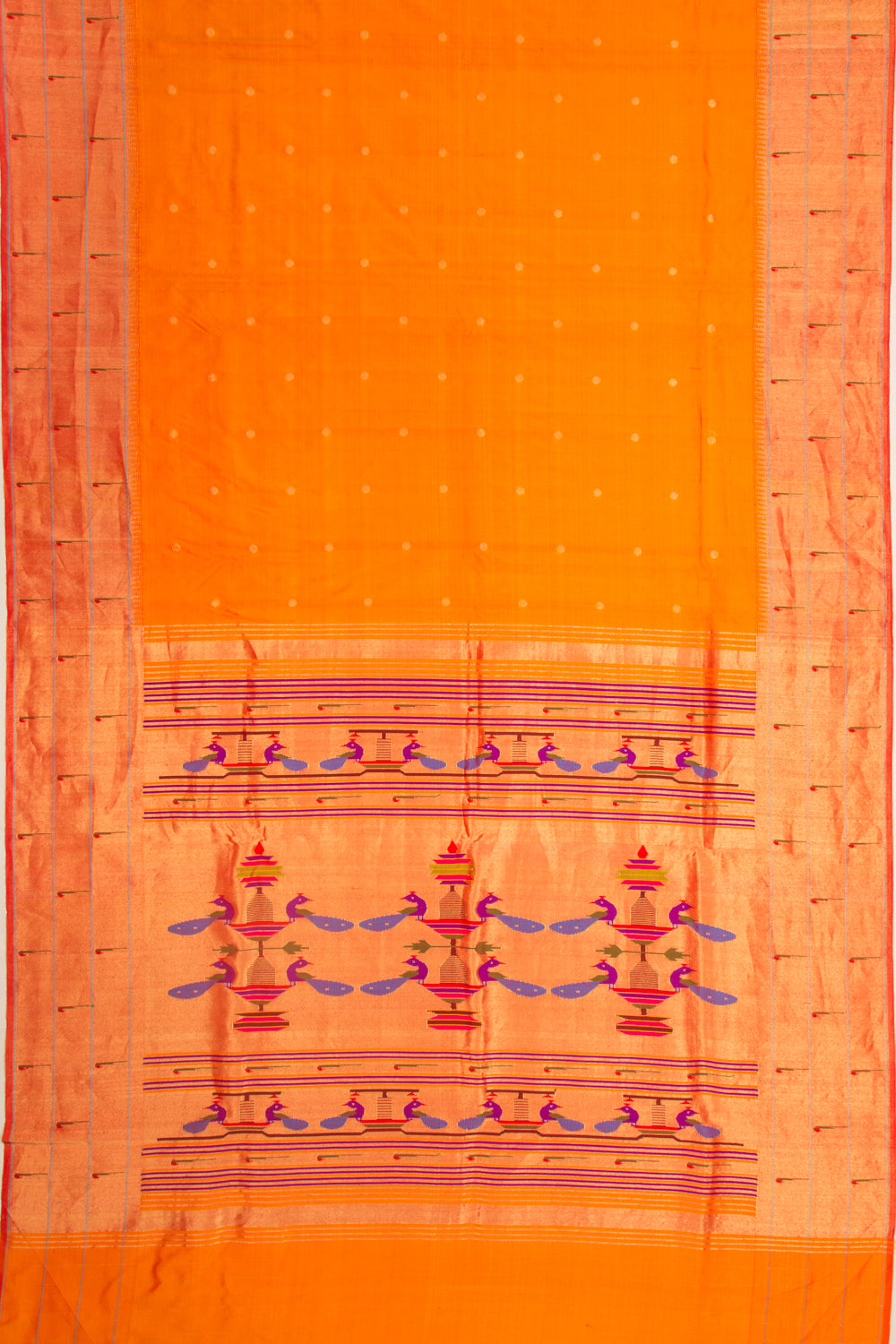 Paithani Silk Butta Orange Saree With Triple Muniya Border