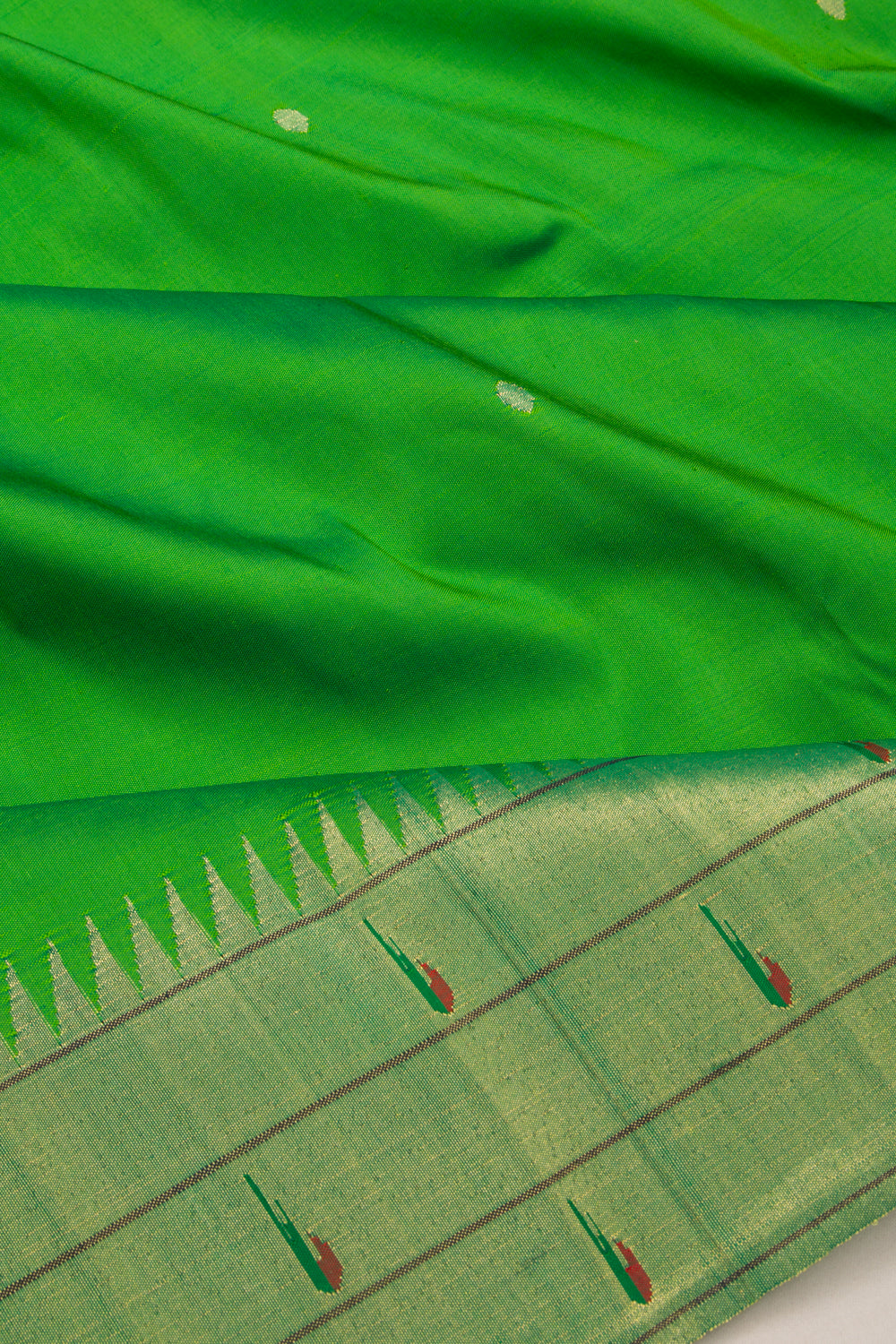 Paithani Silk Butta Green Saree With Triple Muniya Border