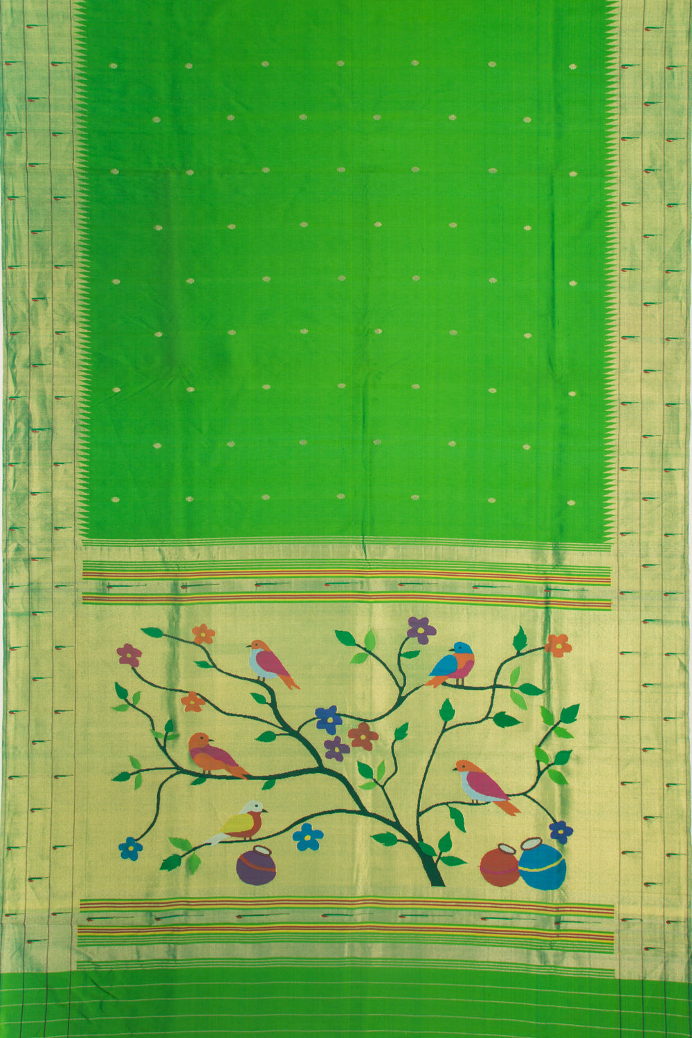 Paithani Silk Butta Green Saree With Triple Muniya Border