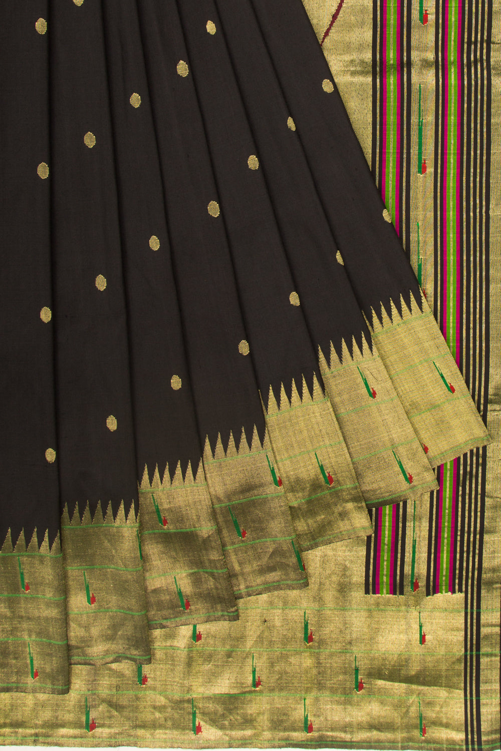 Paithani Silk Butta Black Saree With Triple Muniya Border