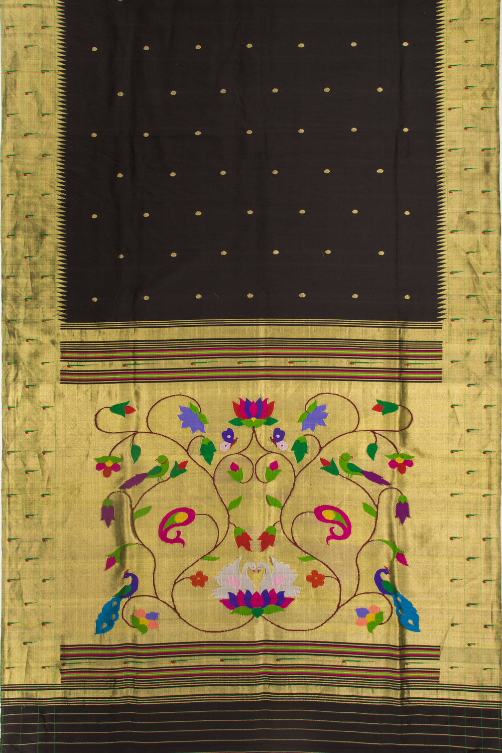 Paithani Silk Butta Black Saree With Triple Muniya Border