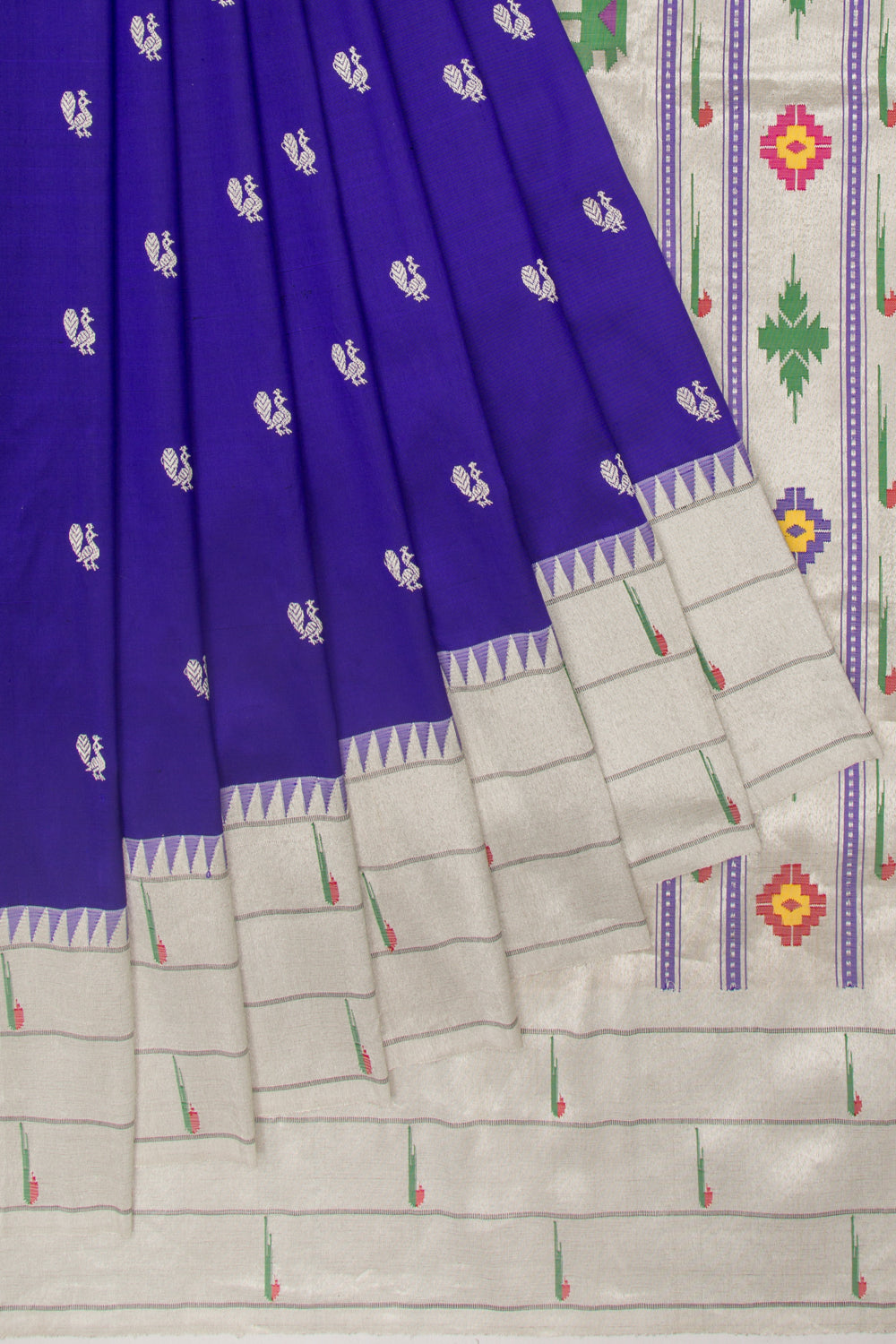 Paithani Silk Butta Royal Blue Saree With Triple Muniya Border