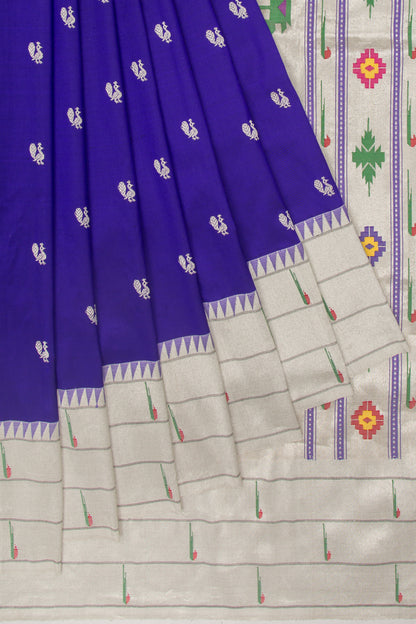 Paithani Silk Butta Royal Blue Saree With Triple Muniya Border