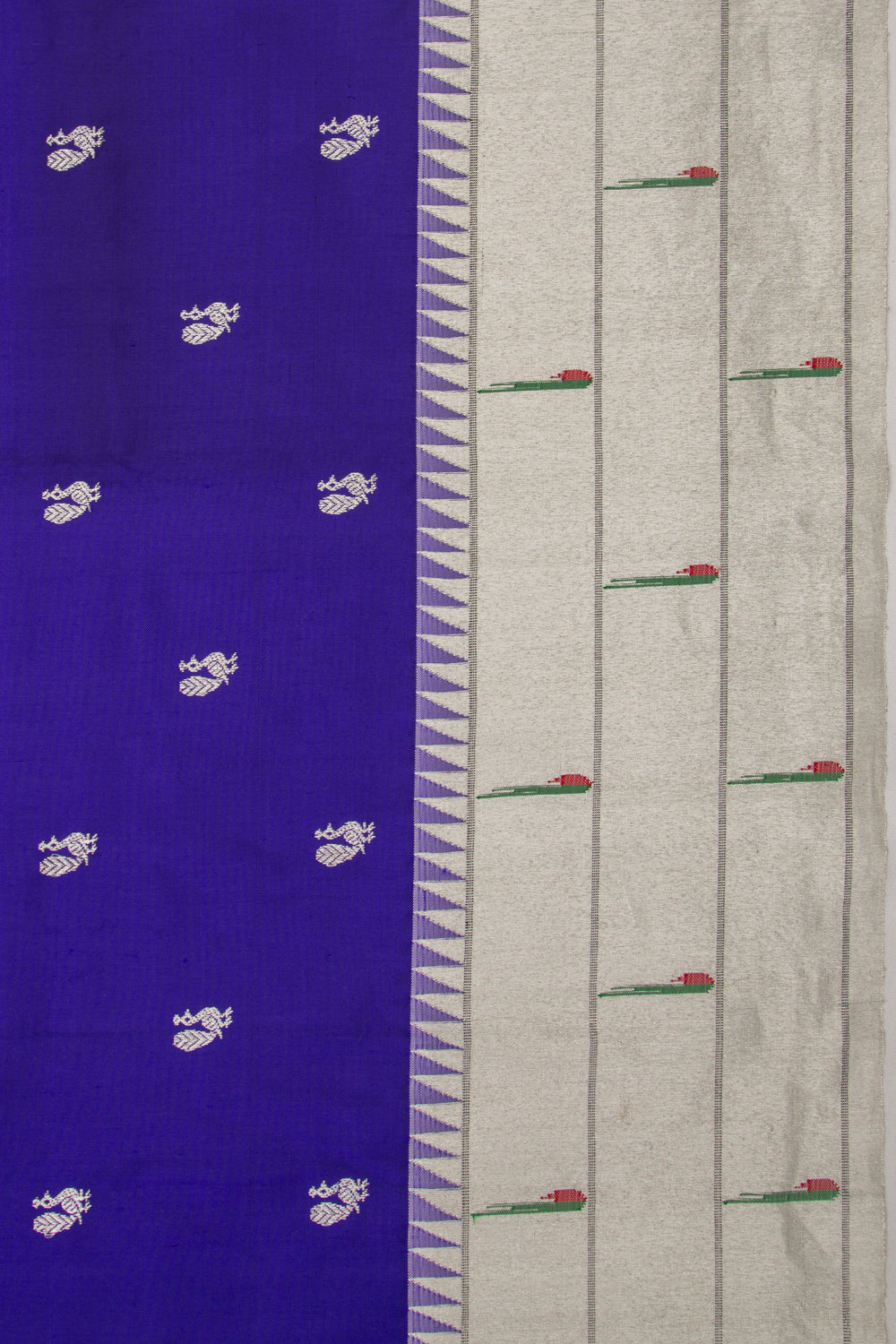 Paithani Silk Butta Royal Blue Saree With Triple Muniya Border