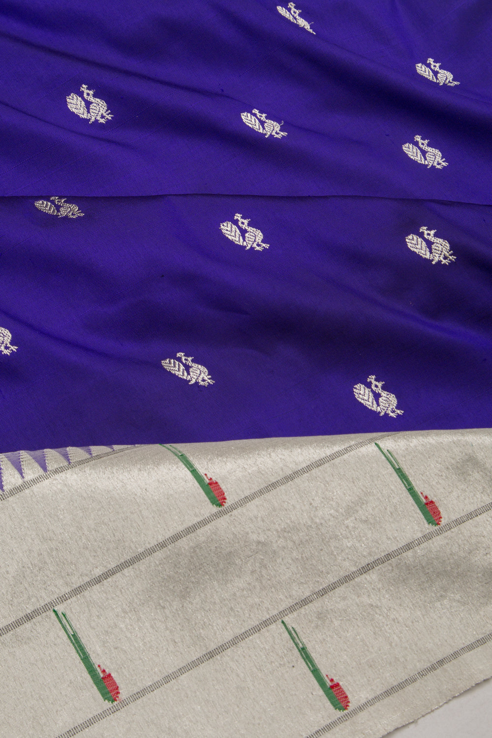 Paithani Silk Butta Royal Blue Saree With Triple Muniya Border