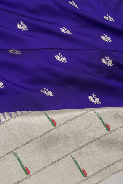 Paithani Silk Butta Royal Blue Saree With Triple Muniya Border