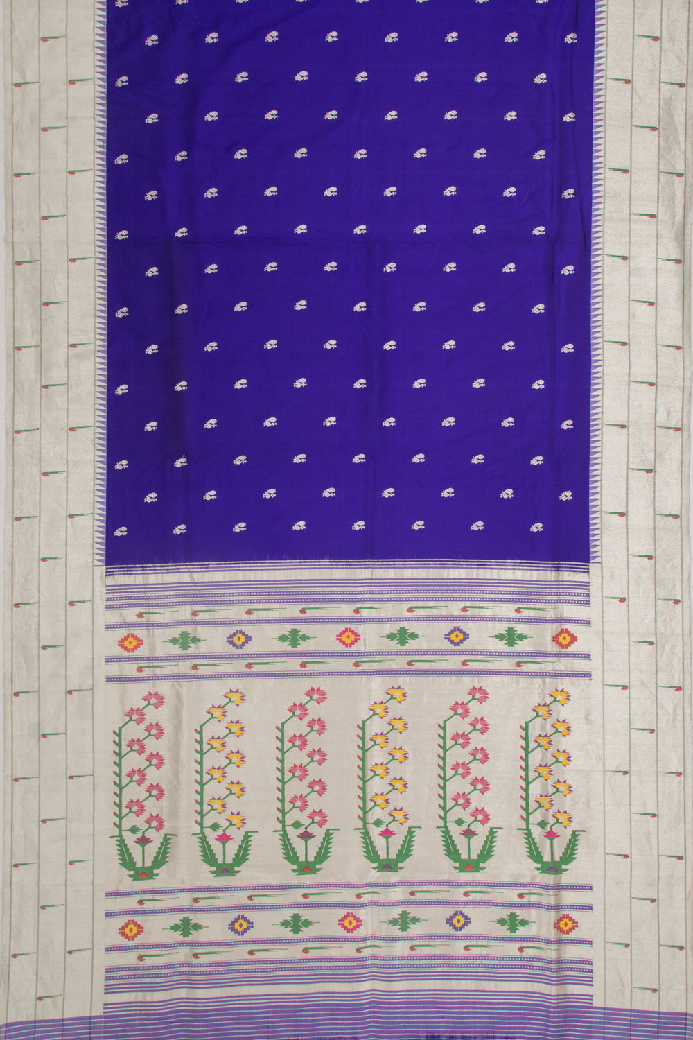 Paithani Silk Butta Royal Blue Saree With Triple Muniya Border