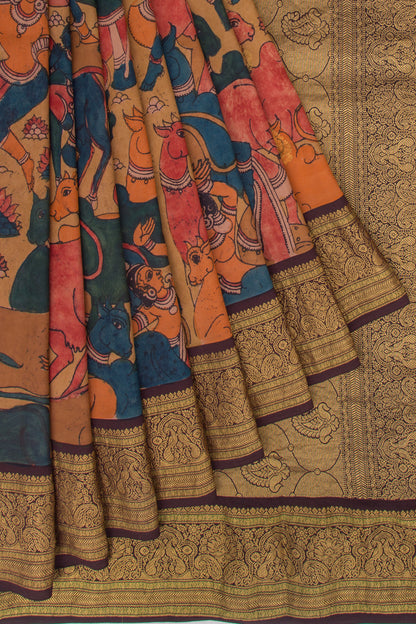Kanchipuram Silk Kalamkari And Butta Pastel Brown Saree