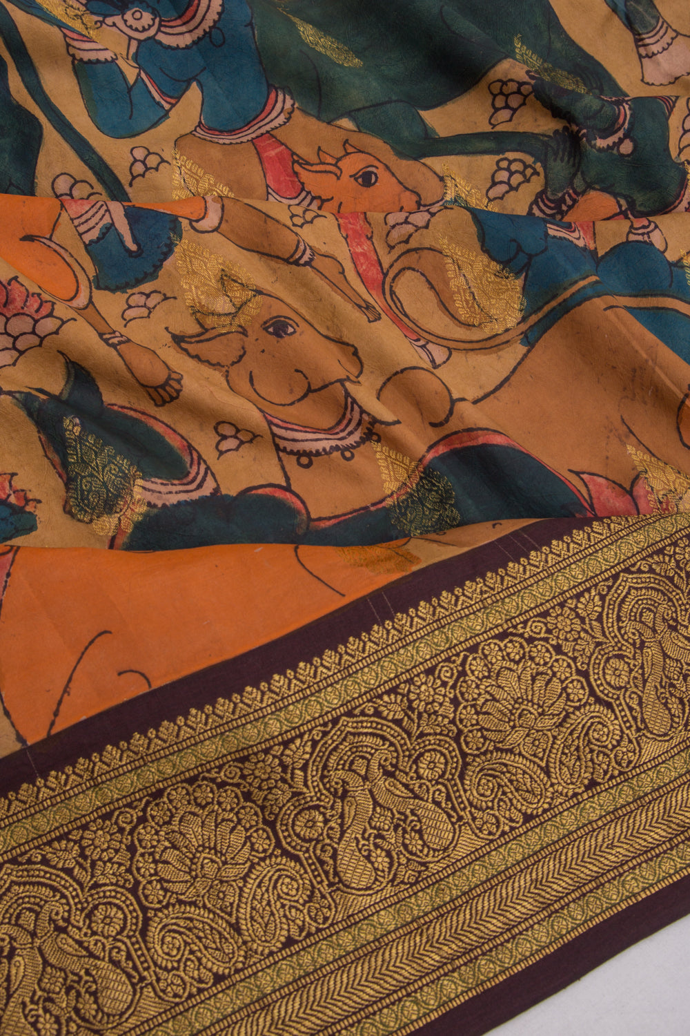 Kanchipuram Silk Kalamkari And Butta Pastel Brown Saree