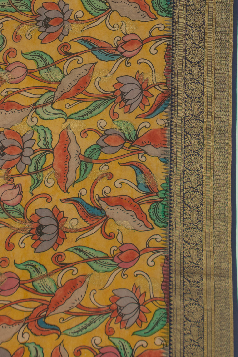 Kanchipuram Silk Kalamkari Yellow Saree