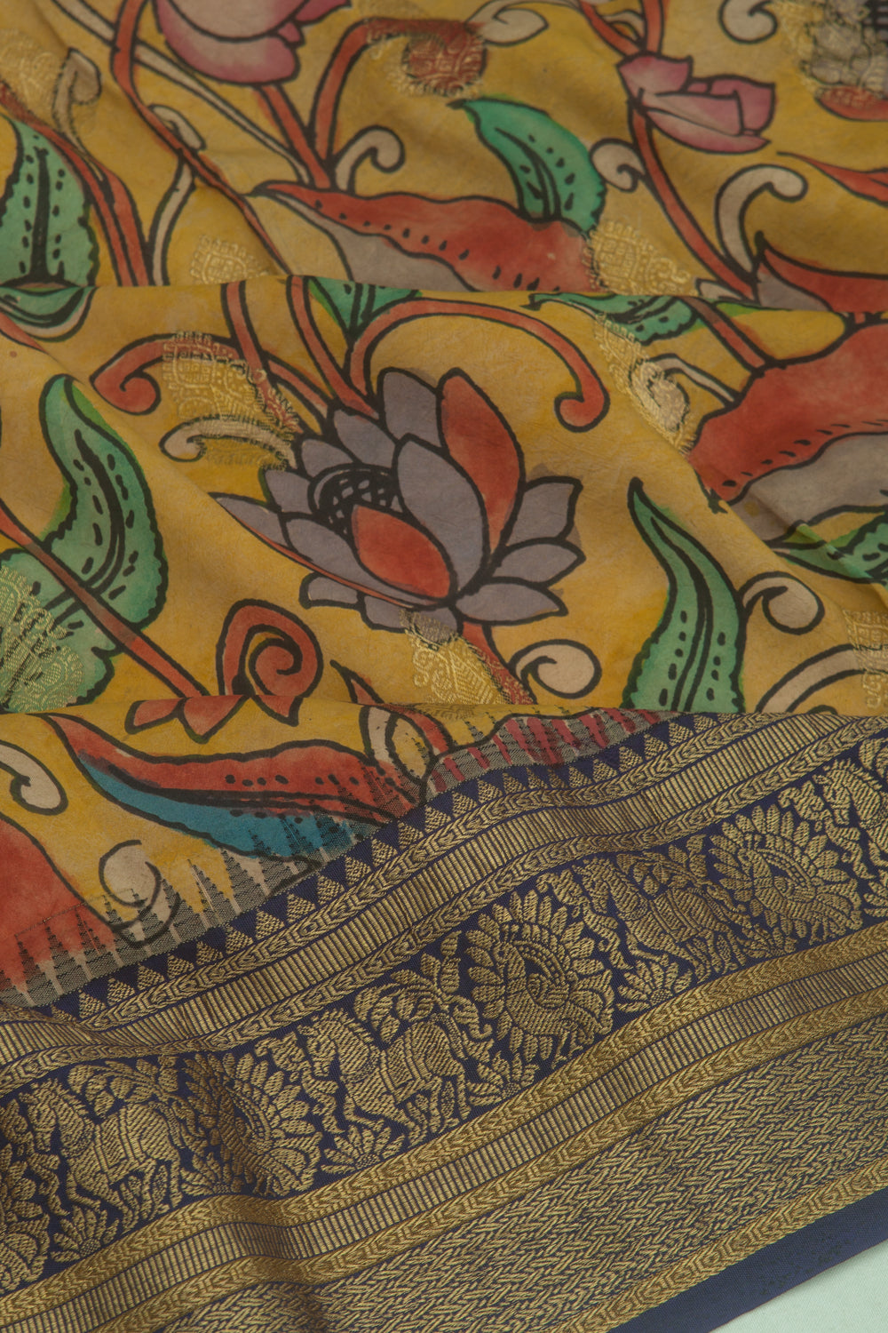 Kanchipuram Silk Kalamkari Yellow Saree