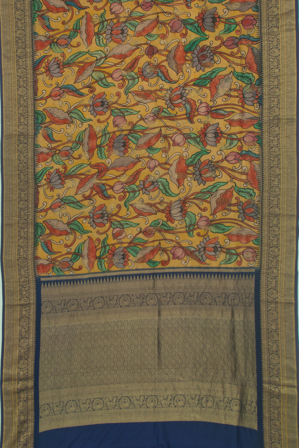 Kanchipuram Silk Kalamkari Yellow Saree