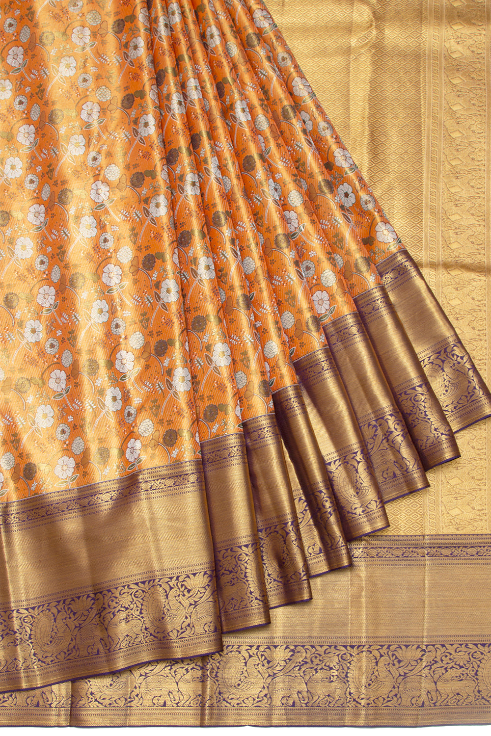 Kanchipuram Silk Tissue Brocade Orange Saree