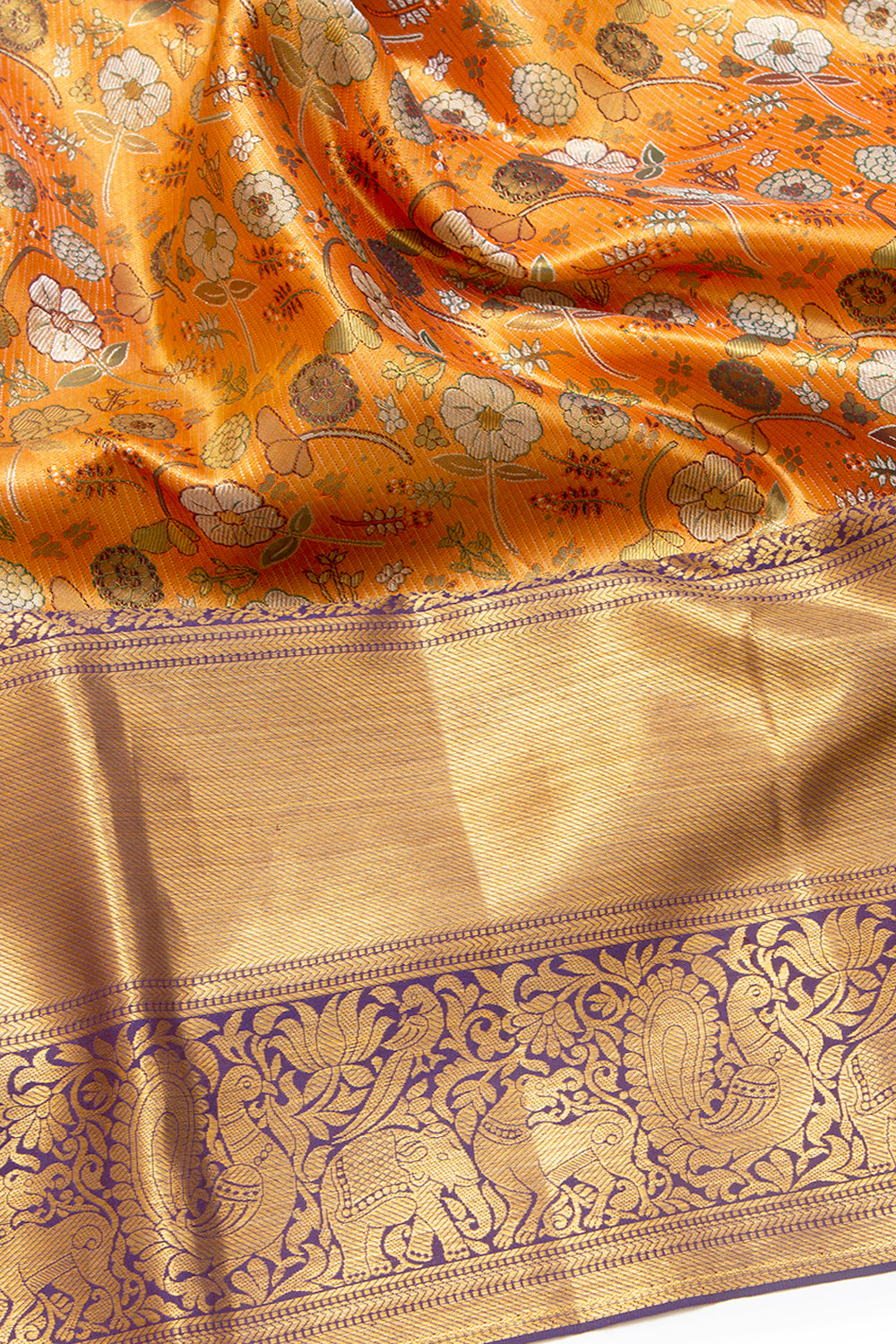 Kanchipuram Silk Tissue Brocade Orange Saree