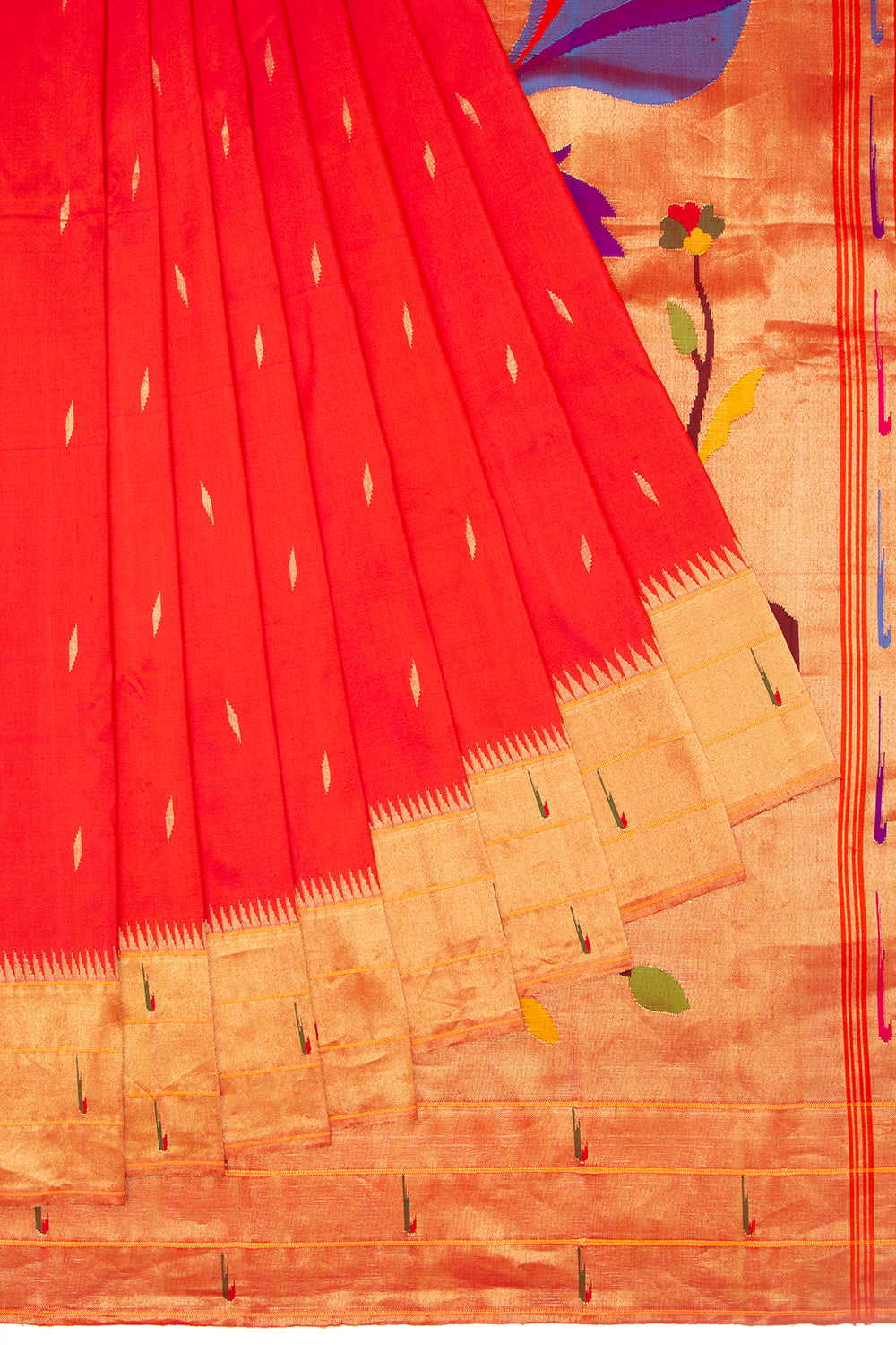 Paithani Silk Butta Red Saree With Triple Muniya Border