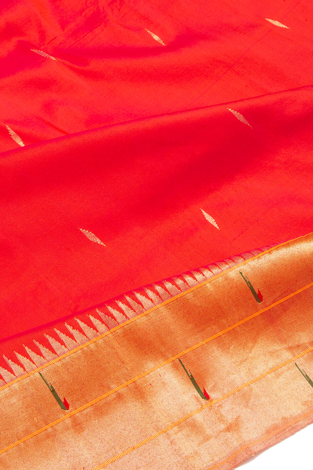 Paithani Silk Butta Red Saree With Triple Muniya Border