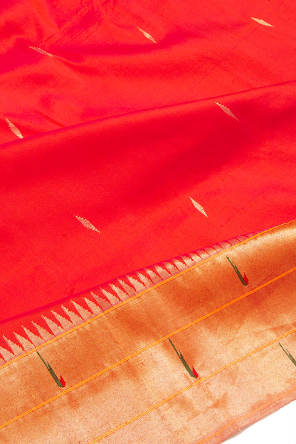 Paithani Silk Butta Red Saree With Triple Muniya Border