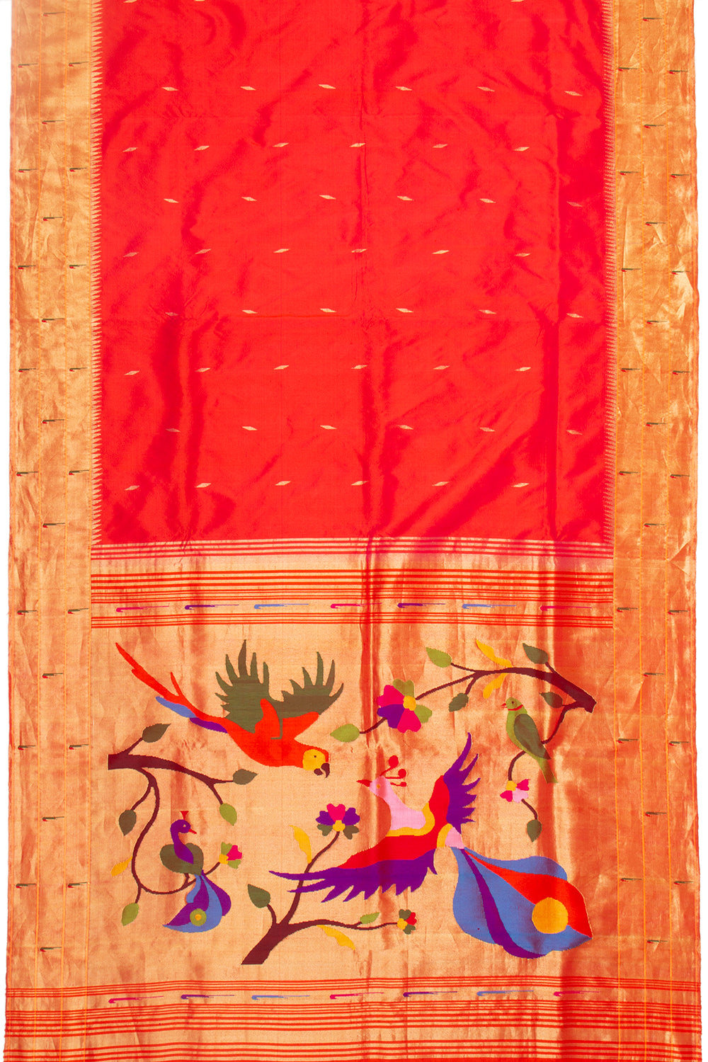 Paithani Silk Butta Red Saree With Triple Muniya Border