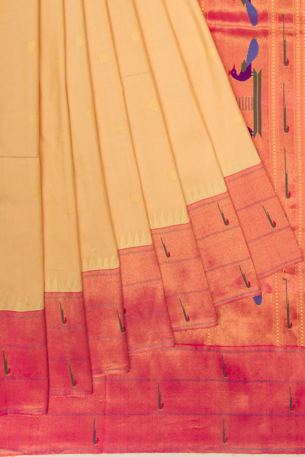 Paithani Silk Butta Cream Saree With Triple Muniya Border