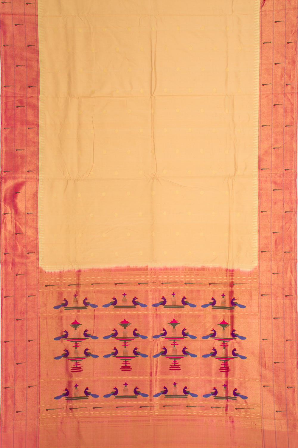 Paithani Silk Butta Cream Saree With Triple Muniya Border