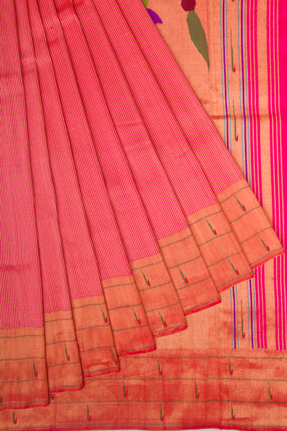 Paithani Silk Vertical Lines Pink Saree With Triple Muniya Border
