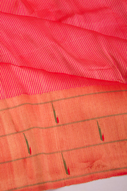 Paithani Silk Vertical Lines Pink Saree With Triple Muniya Border