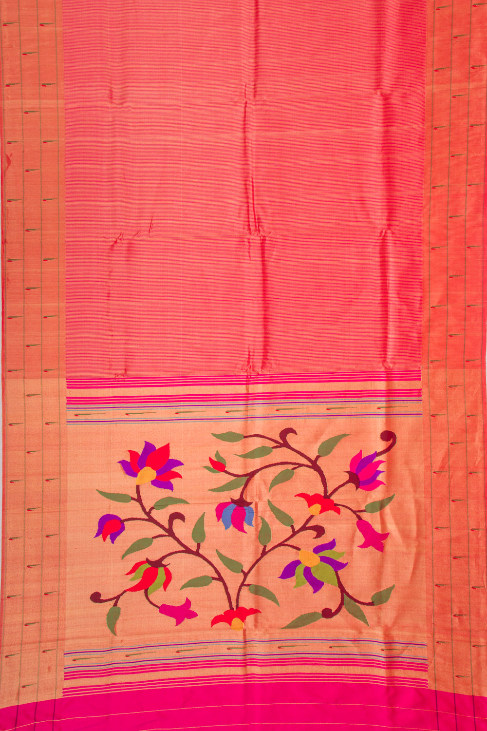 Paithani Silk Vertical Lines Pink Saree With Triple Muniya Border