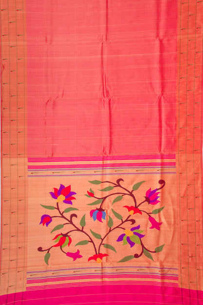 Paithani Silk Vertical Lines Pink Saree With Triple Muniya Border