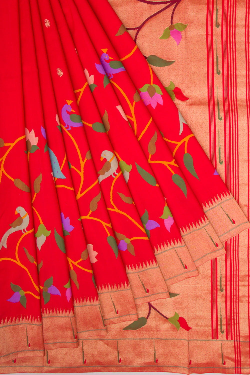 Paithani Silk Butta Red Saree With Muniya Border