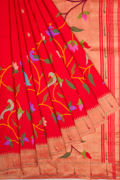 Paithani Silk Butta Red Saree With Muniya Border