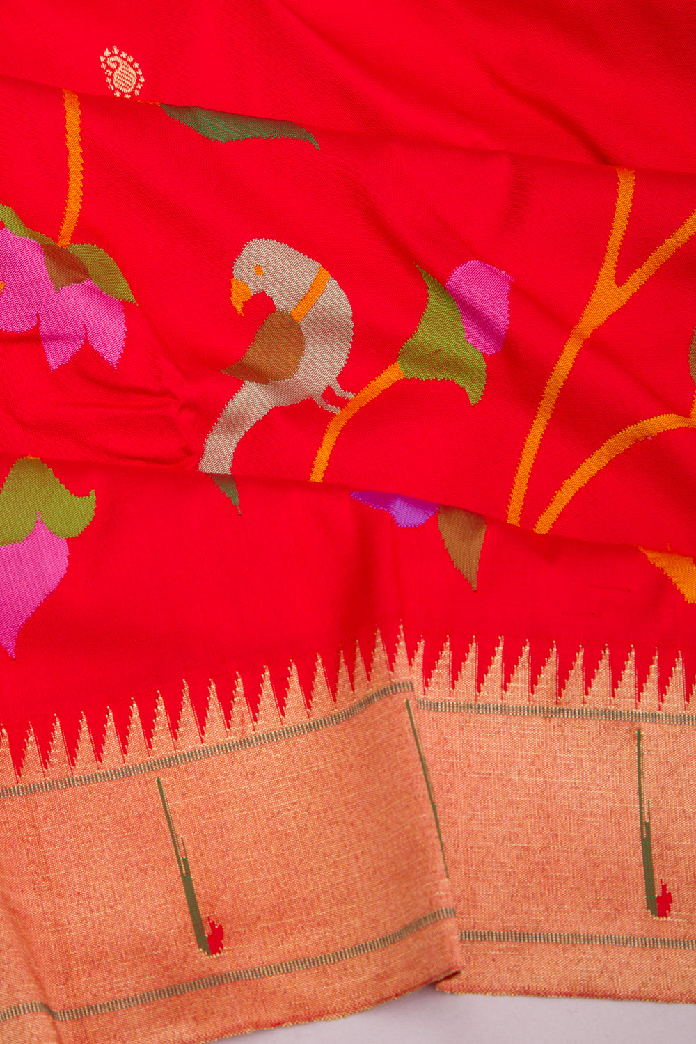 Paithani Silk Butta Red Saree With Muniya Border