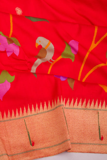 Paithani Silk Butta Red Saree With Muniya Border